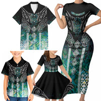 Aotearoa Maori Iwi Heritage Family Matching Short Sleeve Bodycon Dress and Hawaiian Shirt Ngati Kahungunu Paua Shell Turquoise