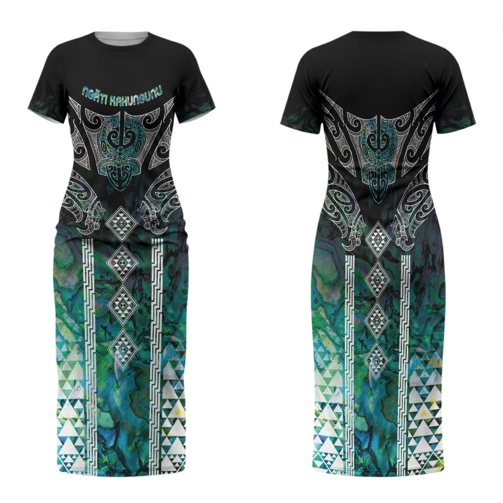 Aotearoa Maori Iwi Heritage Family Matching Short Sleeve Bodycon Dress and Hawaiian Shirt Ngati Kahungunu Paua Shell Turquoise
