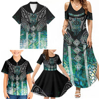 Aotearoa Maori Iwi Heritage Family Matching Summer Maxi Dress and Hawaiian Shirt Ngati Kahungunu Paua Shell Turquoise