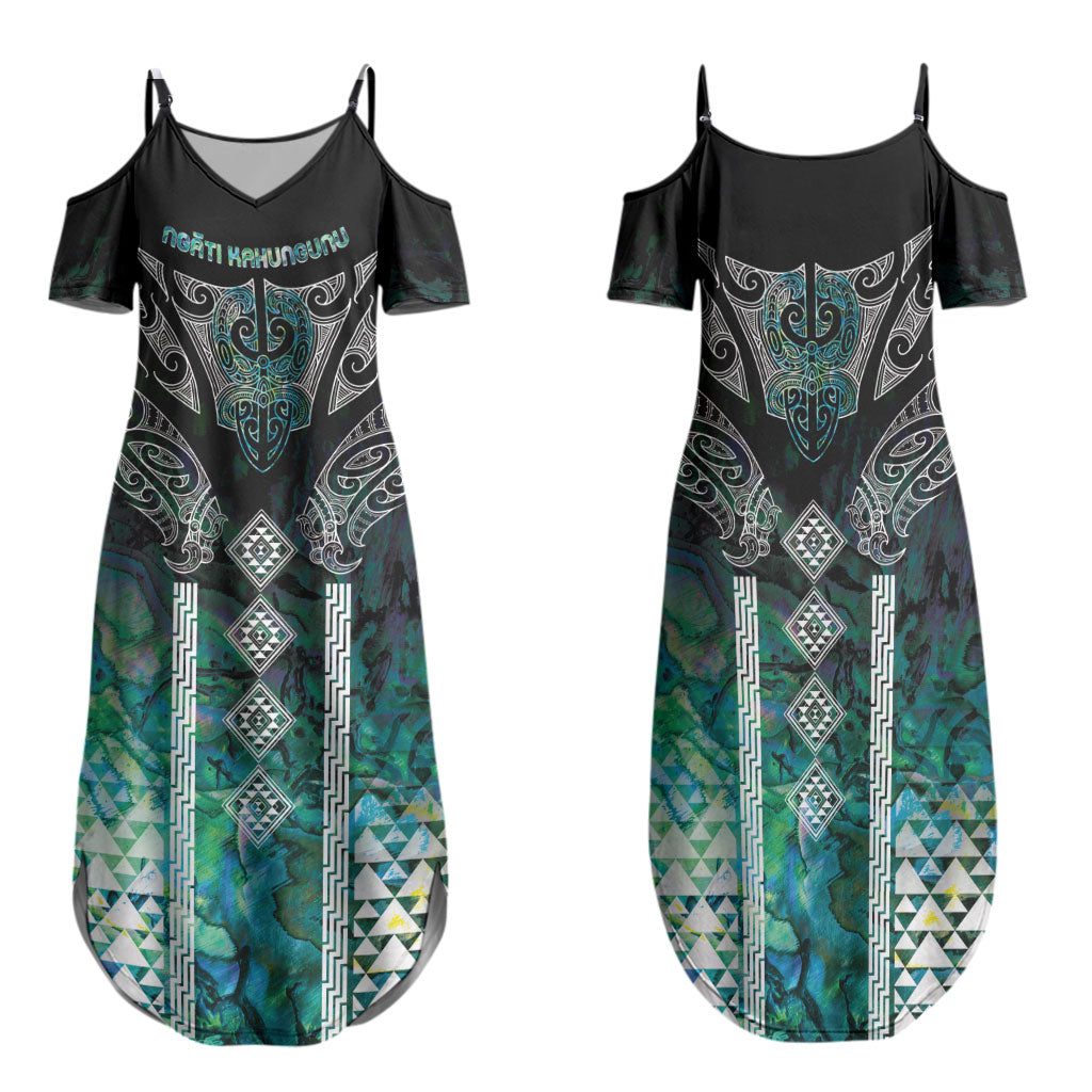 Aotearoa Maori Iwi Heritage Family Matching Summer Maxi Dress and Hawaiian Shirt Ngati Kahungunu Paua Shell Turquoise