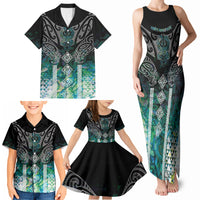 Aotearoa Maori Iwi Heritage Family Matching Tank Maxi Dress and Hawaiian Shirt Ngati Kahungunu Paua Shell Turquoise