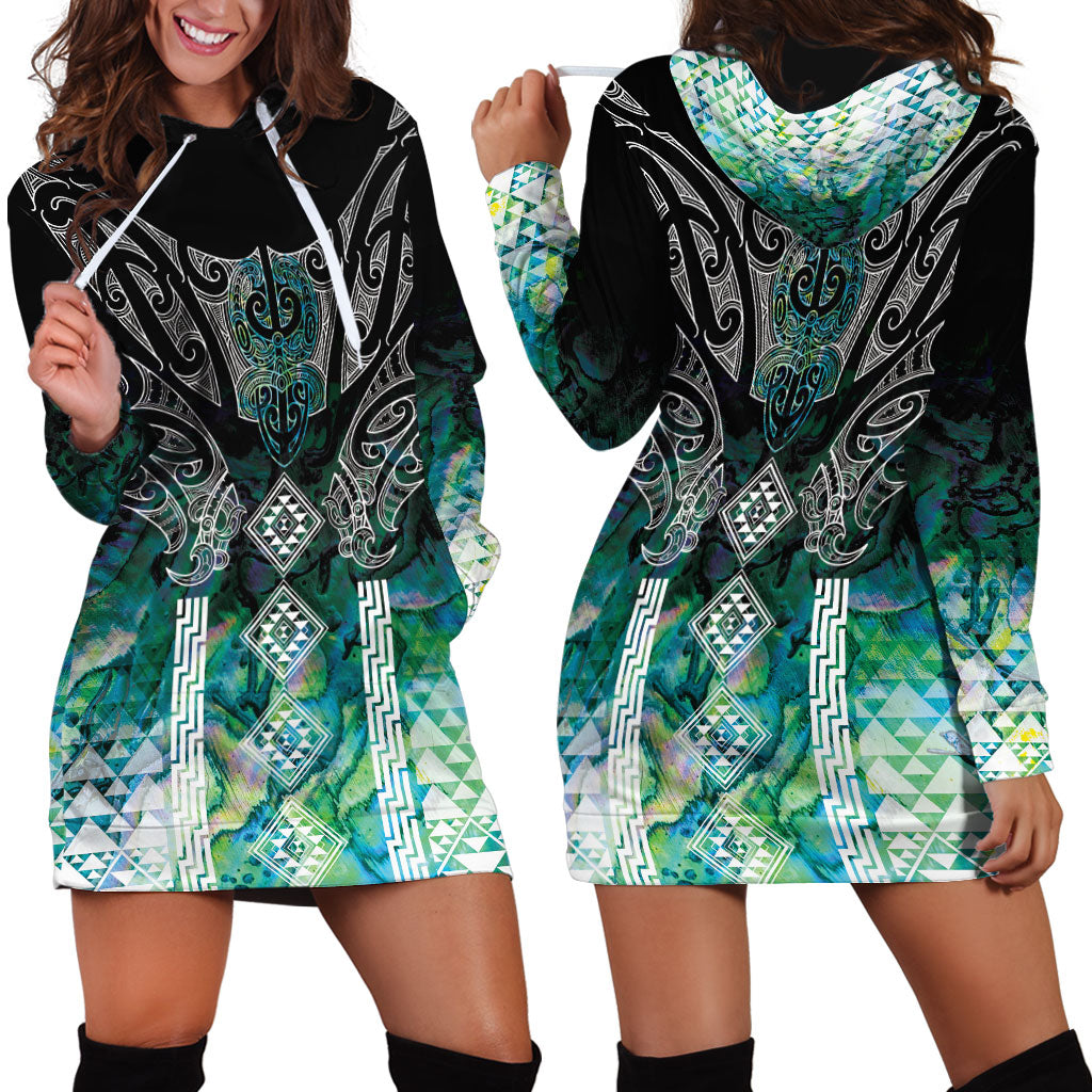 Aotearoa Maori Iwi Heritage Hoodie Dress Ngati Kahungunu Paua Shell Turquoise