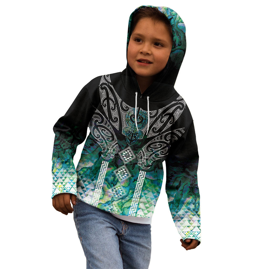Aotearoa Maori Iwi Heritage Kid Hoodie Ngati Kahungunu Paua Shell Turquoise