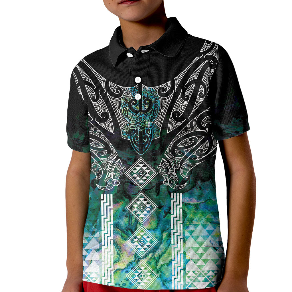 Aotearoa Maori Iwi Heritage Kid Polo Shirt Ngati Kahungunu Paua Shell Turquoise
