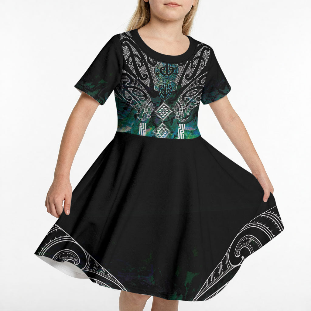 Aotearoa Maori Iwi Heritage Kid Short Sleeve Dress Ngati Kahungunu Paua Shell Turquoise