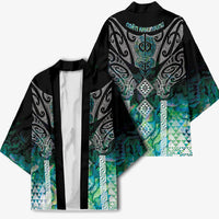 Aotearoa Maori Iwi Heritage Kimono Ngati Kahungunu Paua Shell Turquoise