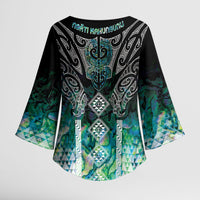 Aotearoa Maori Iwi Heritage Kimono Sleeve Blouse Ngati Kahungunu Paua Shell Turquoise