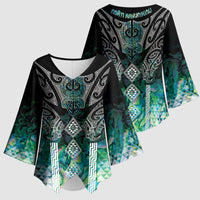 Aotearoa Maori Iwi Heritage Kimono Sleeve Blouse Ngati Kahungunu Paua Shell Turquoise