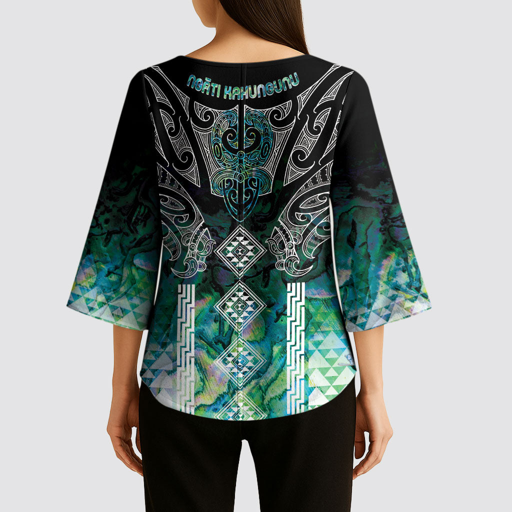 Aotearoa Maori Iwi Heritage Kimono Sleeve Blouse Ngati Kahungunu Paua Shell Turquoise