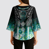 Aotearoa Maori Iwi Heritage Kimono Sleeve Blouse Ngati Kahungunu Paua Shell Turquoise