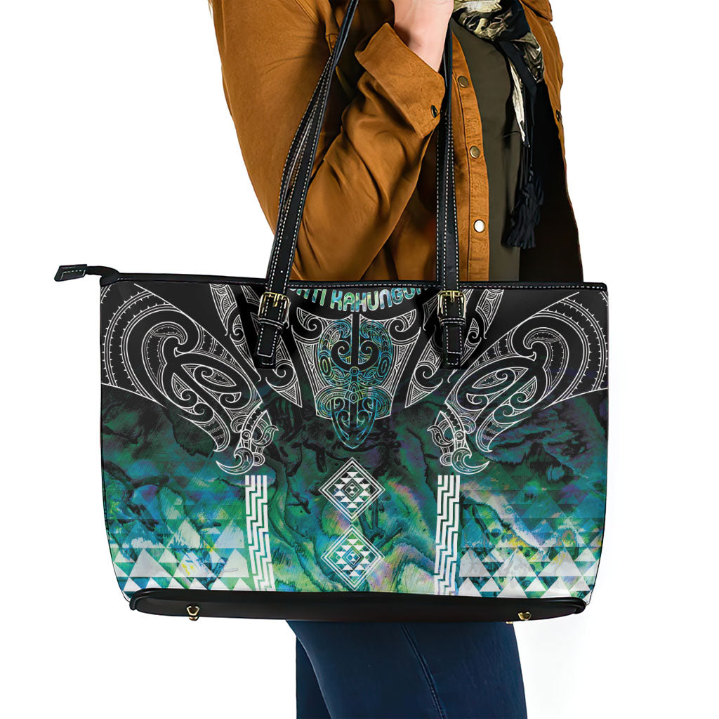 Aotearoa Maori Iwi Heritage Leather Tote Bag Ngati Kahungunu Paua Shell Turquoise