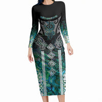 Aotearoa Maori Iwi Heritage Long Sleeve Bodycon Dress Ngati Kahungunu Paua Shell Turquoise