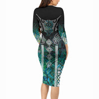 Aotearoa Maori Iwi Heritage Long Sleeve Bodycon Dress Ngati Kahungunu Paua Shell Turquoise