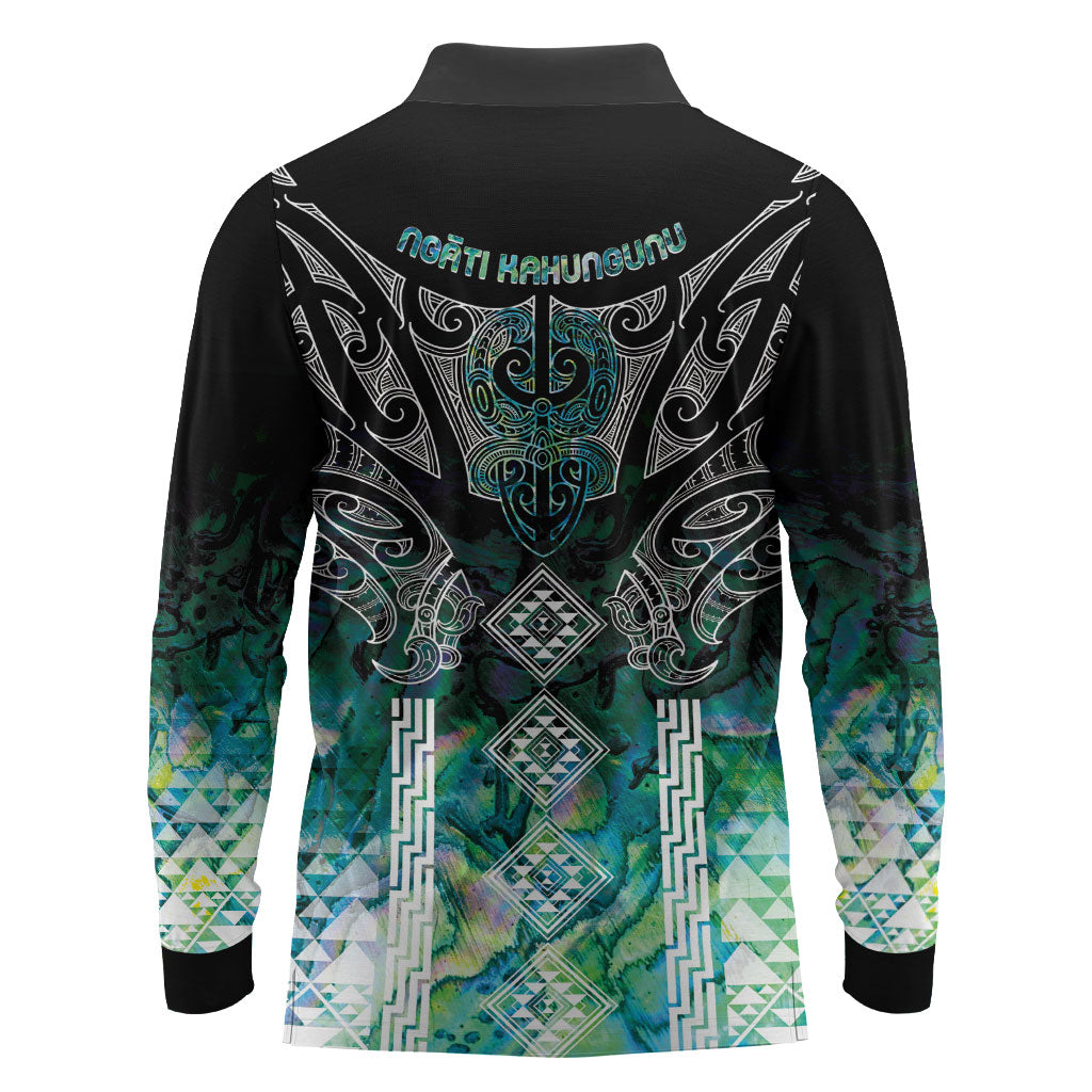 Aotearoa Maori Iwi Heritage Long Sleeve Polo Shirt Ngati Kahungunu Paua Shell Turquoise