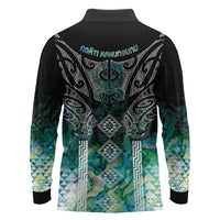 Aotearoa Maori Iwi Heritage Long Sleeve Polo Shirt Ngati Kahungunu Paua Shell Turquoise