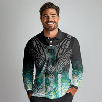 Aotearoa Maori Iwi Heritage Long Sleeve Polo Shirt Ngati Kahungunu Paua Shell Turquoise