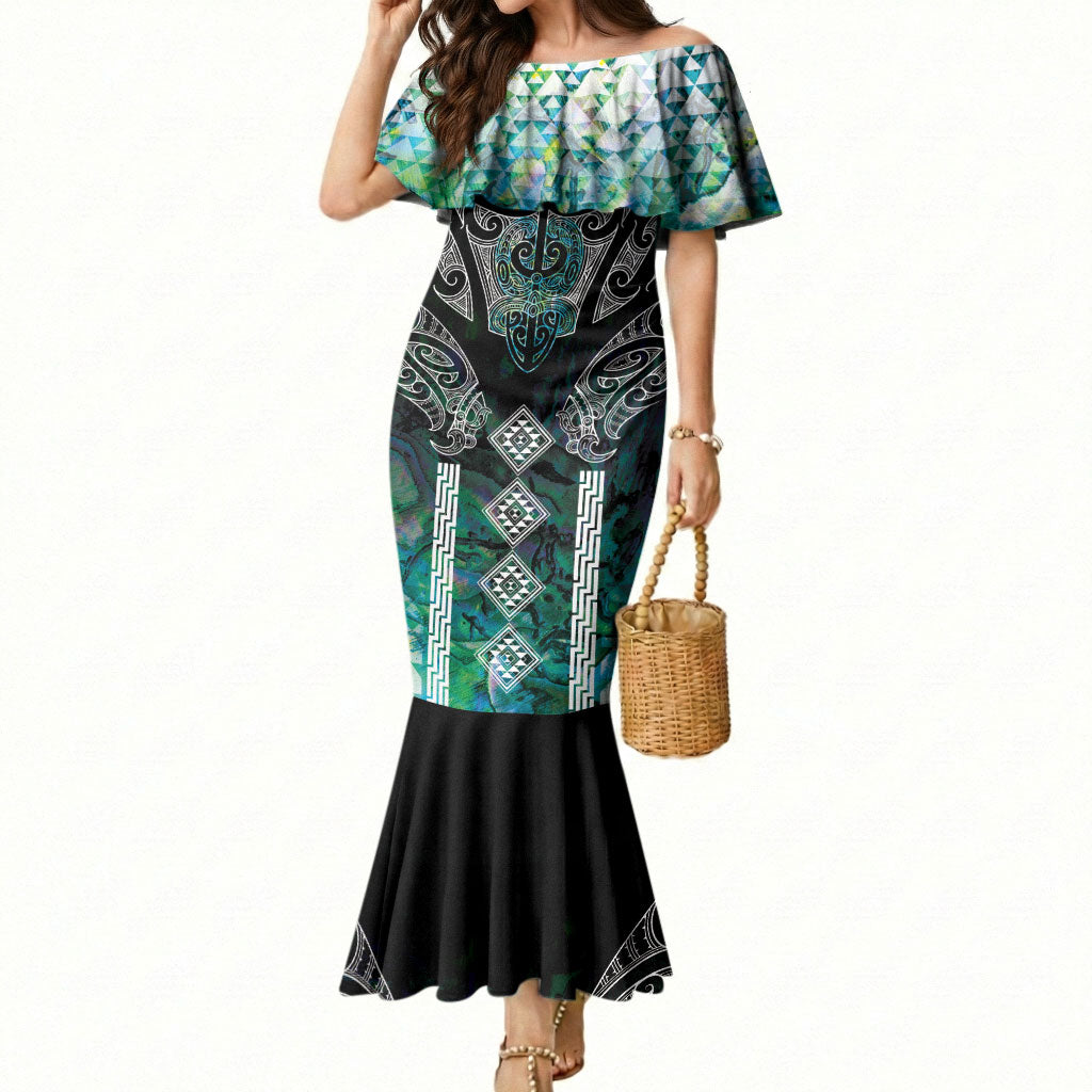 Aotearoa Maori Iwi Heritage Mermaid Dress Ngati Kahungunu Paua Shell Turquoise