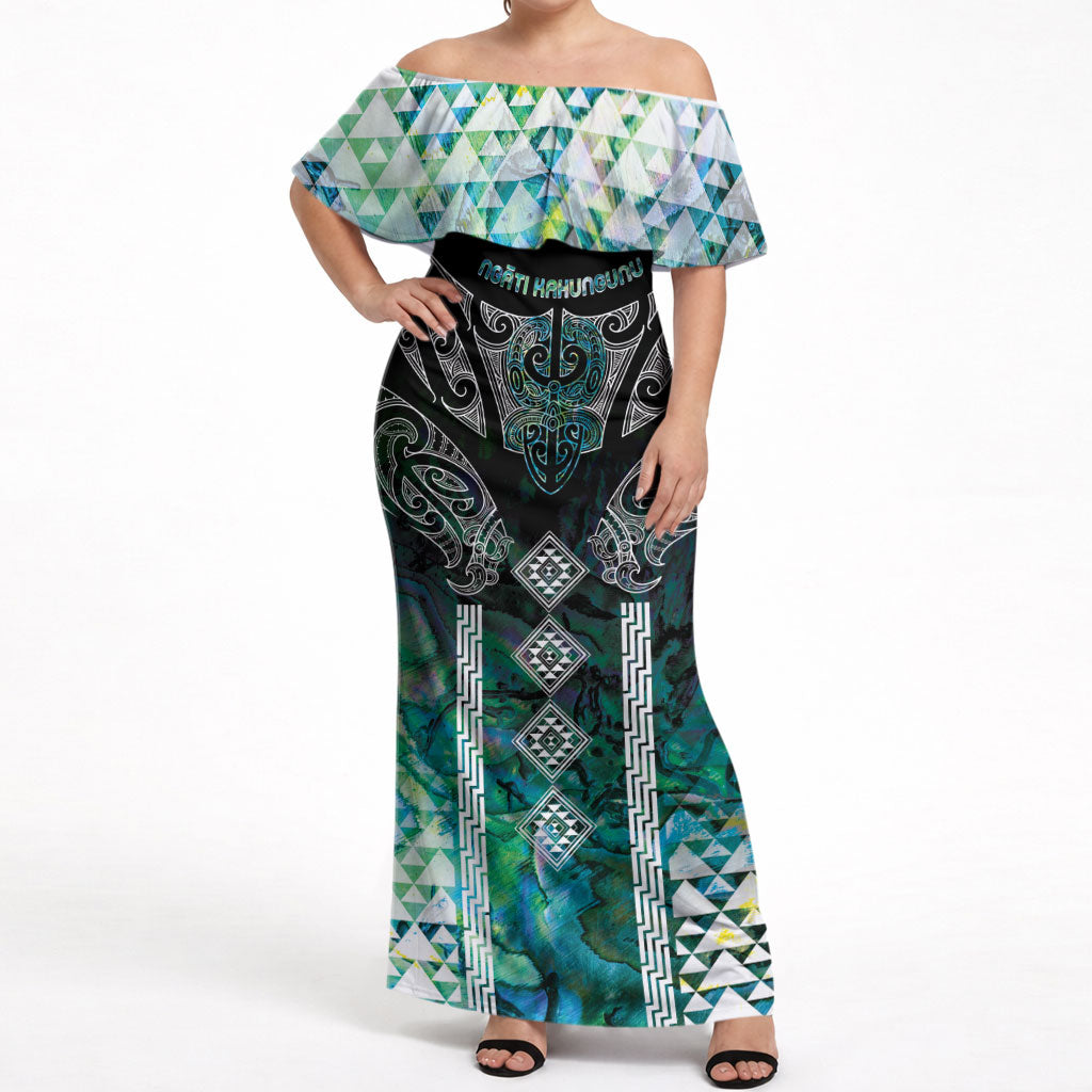 Aotearoa Maori Iwi Heritage Off Shoulder Maxi Dress Ngati Kahungunu Paua Shell Turquoise