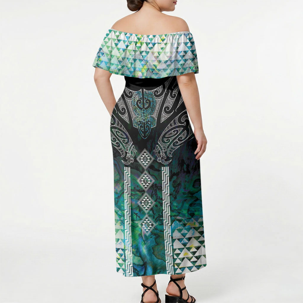 Aotearoa Maori Iwi Heritage Off Shoulder Maxi Dress Ngati Kahungunu Paua Shell Turquoise