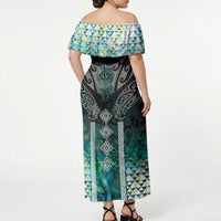 Aotearoa Maori Iwi Heritage Off Shoulder Maxi Dress Ngati Kahungunu Paua Shell Turquoise
