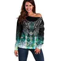 Aotearoa Maori Iwi Heritage Off Shoulder Sweater Ngati Kahungunu Paua Shell Turquoise