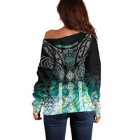 Aotearoa Maori Iwi Heritage Off Shoulder Sweater Ngati Kahungunu Paua Shell Turquoise