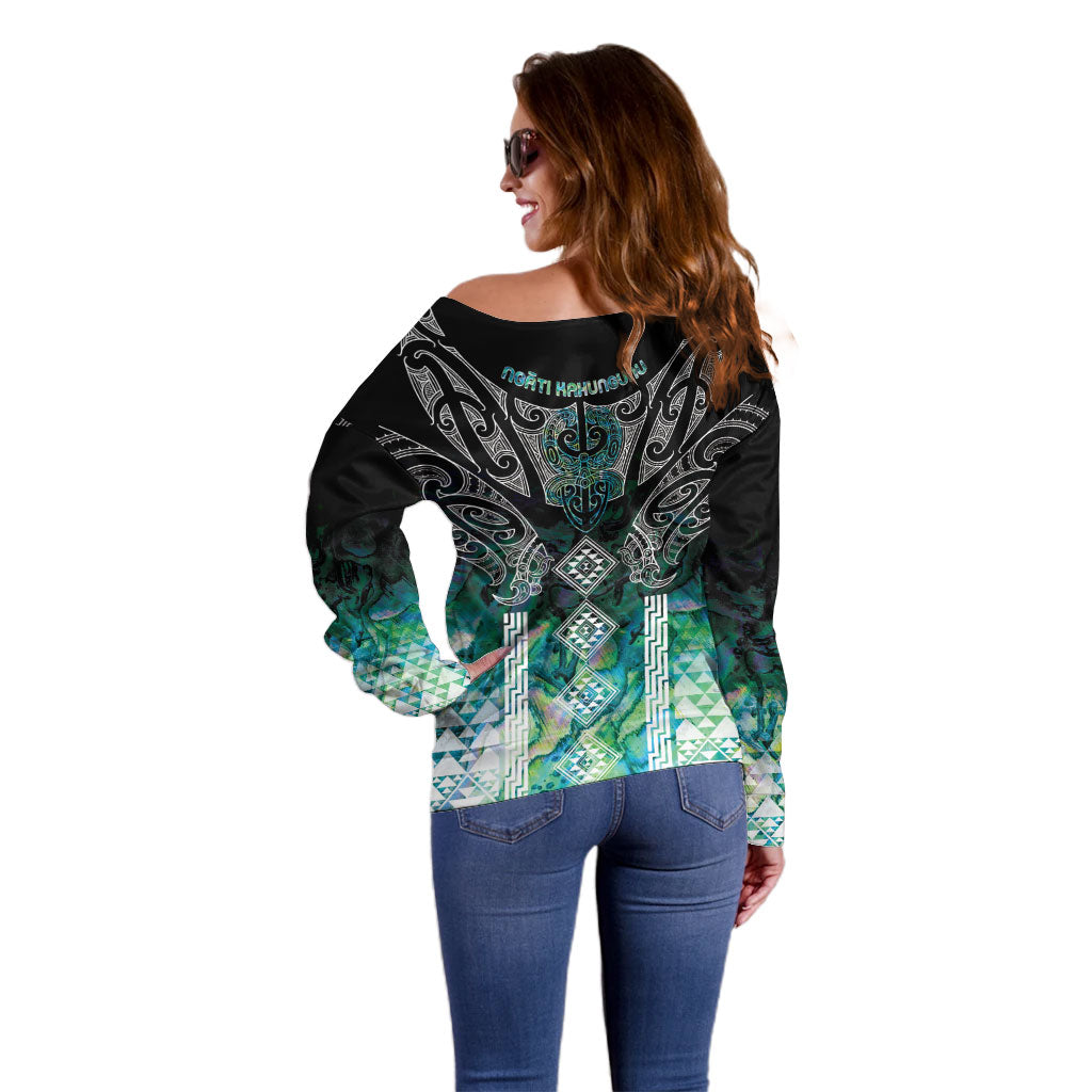 Aotearoa Maori Iwi Heritage Off Shoulder Sweater Ngati Kahungunu Paua Shell Turquoise
