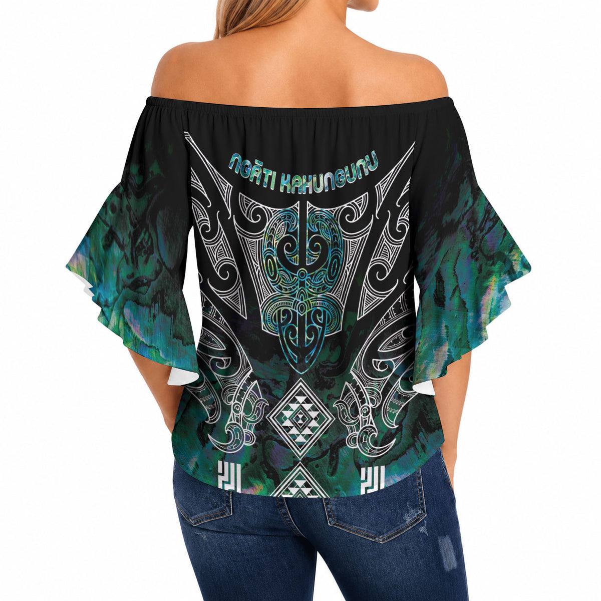 Aotearoa Maori Iwi Heritage Off Shoulder Wrap Waist Top Ngati Kahungunu Paua Shell Turquoise