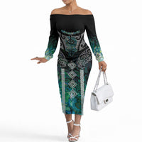Aotearoa Maori Iwi Heritage Off The Shoulder Long Sleeve Dress Ngati Kahungunu Paua Shell Turquoise