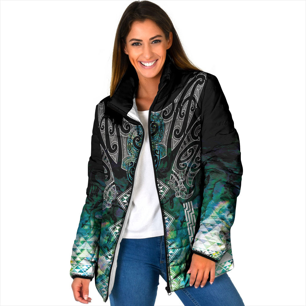 Aotearoa Maori Iwi Heritage Padded Jacket Ngati Kahungunu Paua Shell Turquoise