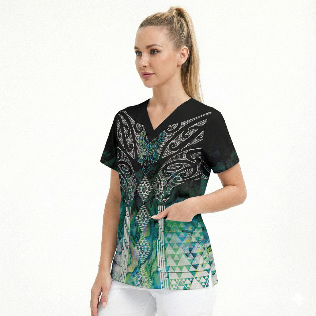 Aotearoa Maori Iwi Heritage Scrub Top Ngati Kahungunu Paua Shell Turquoise