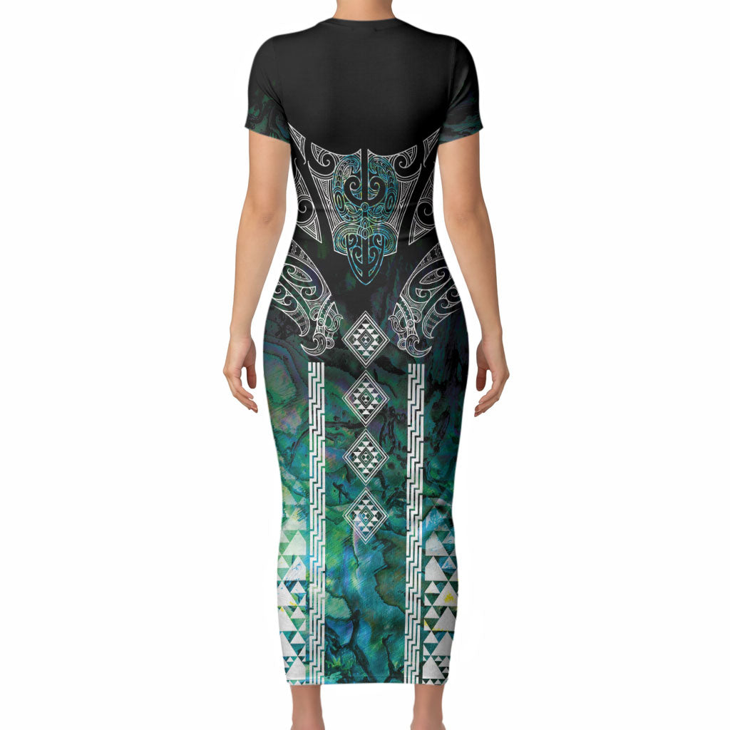 Aotearoa Maori Iwi Heritage Short Sleeve Bodycon Dress Ngati Kahungunu Paua Shell Turquoise