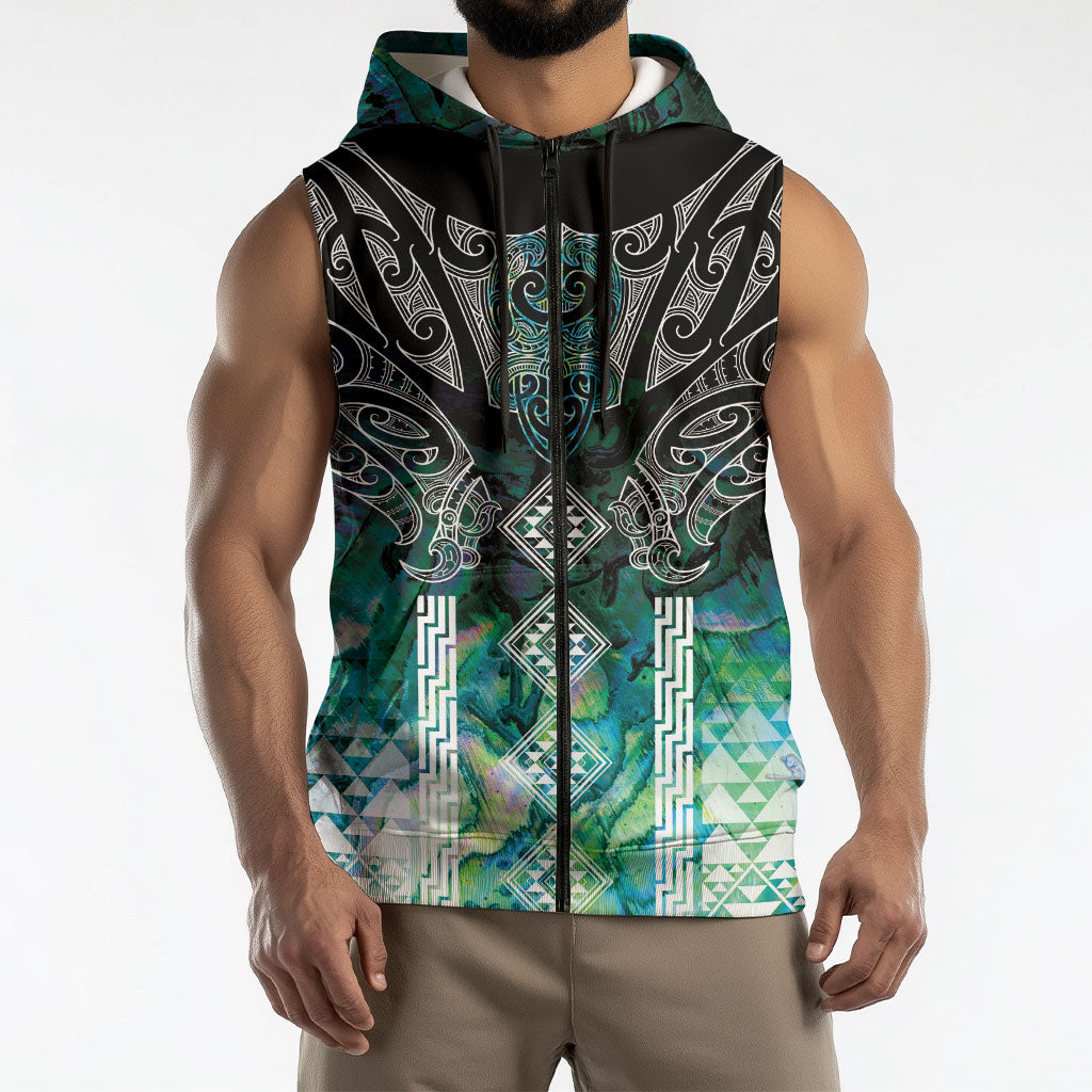 Aotearoa Maori Iwi Heritage Sleeveless Zip Hoodie Ngati Kahungunu Paua Shell Turquoise