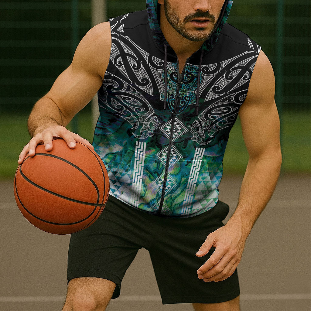 Aotearoa Maori Iwi Heritage Sleeveless Zip Hoodie Ngati Kahungunu Paua Shell Turquoise