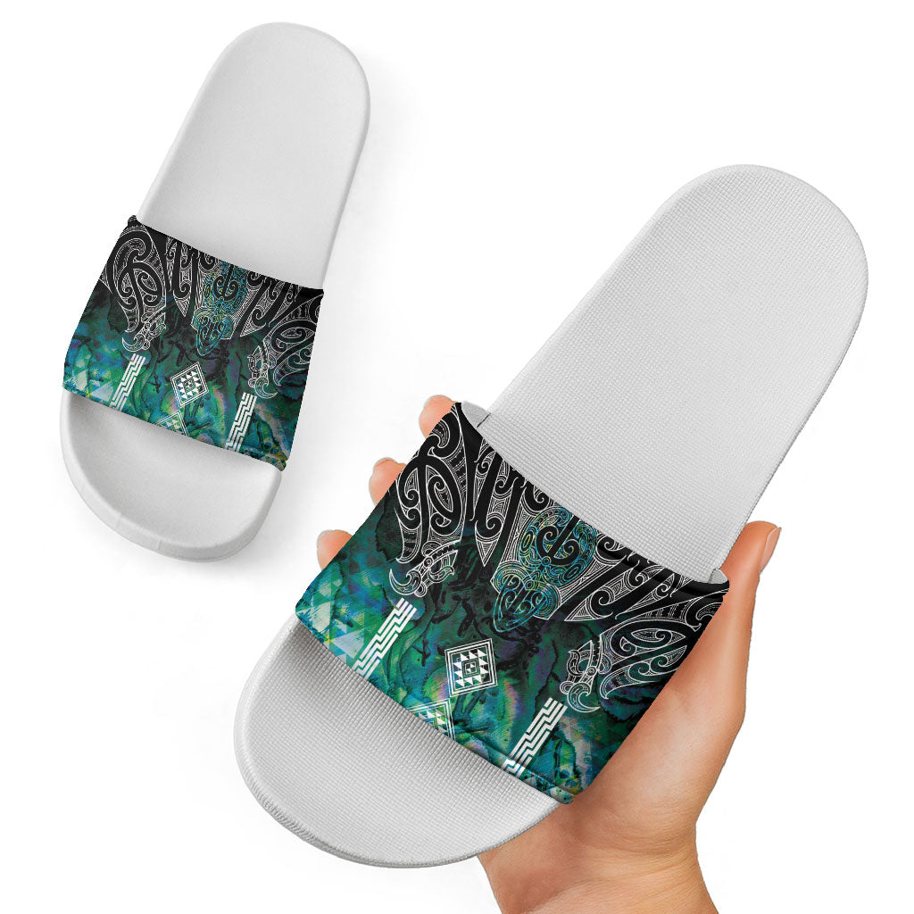 Aotearoa Maori Iwi Heritage Slide Sandals Ngati Kahungunu Paua Shell Turquoise