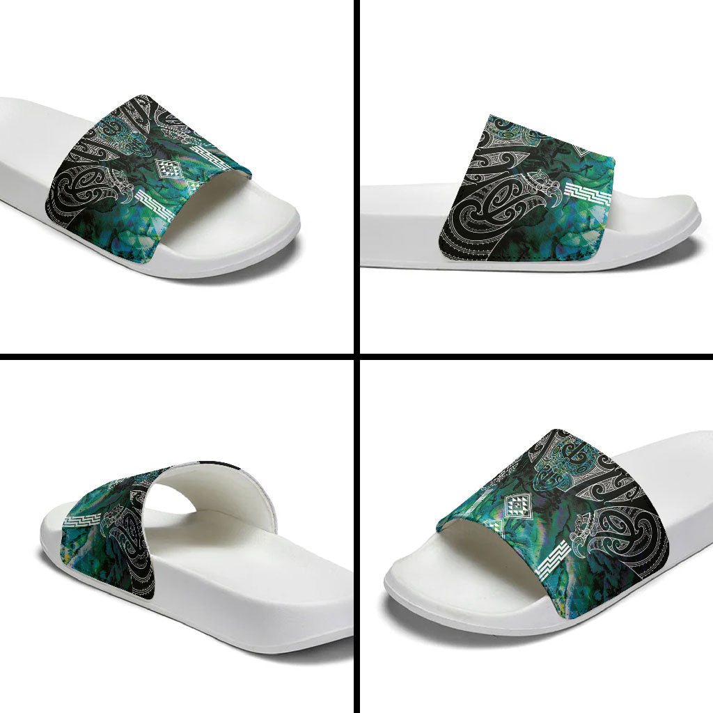 Aotearoa Maori Iwi Heritage Slide Sandals Ngati Kahungunu Paua Shell Turquoise