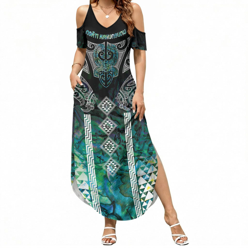 Aotearoa Maori Iwi Heritage Summer Maxi Dress Ngati Kahungunu Paua Shell Turquoise