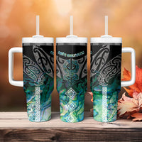 Aotearoa Maori Iwi Heritage Tumbler With Handle Ngati Kahungunu Paua Shell Turquoise