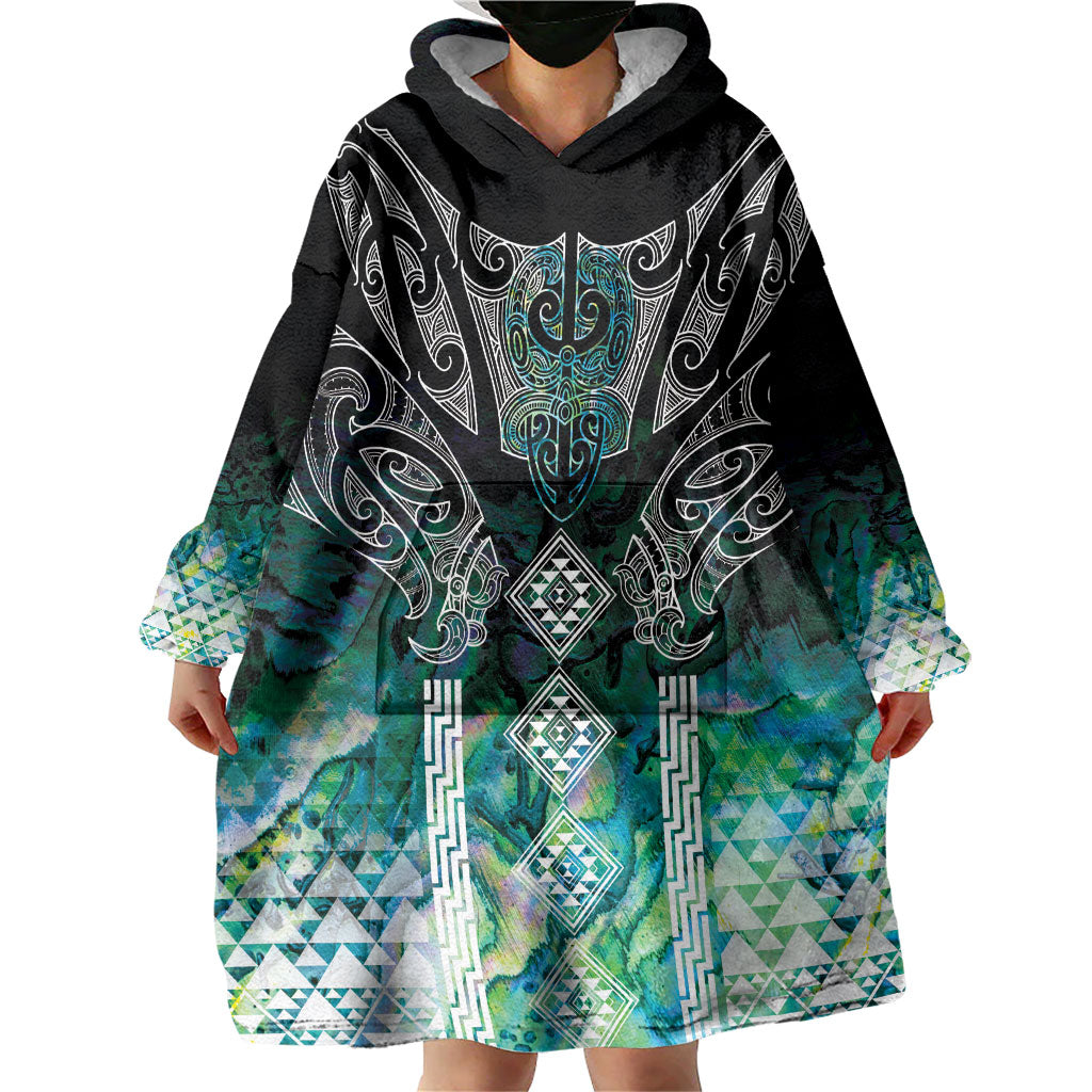 Aotearoa Maori Iwi Heritage Wearable Blanket Hoodie Ngati Kahungunu Paua Shell Turquoise