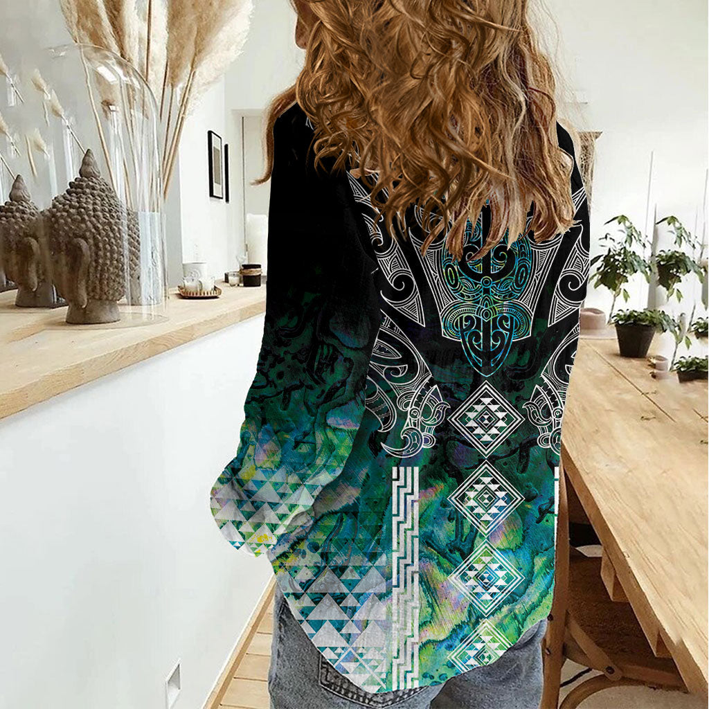 Aotearoa Maori Iwi Heritage Women Casual Shirt Ngati Kahungunu Paua Shell Turquoise