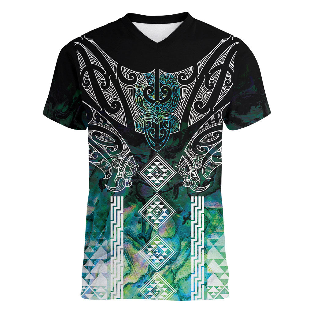 Aotearoa Maori Iwi Heritage Women V-Neck T-Shirt Ngati Kahungunu Paua Shell Turquoise