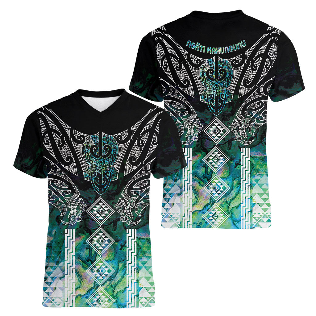 Aotearoa Maori Iwi Heritage Women V-Neck T-Shirt Ngati Kahungunu Paua Shell Turquoise