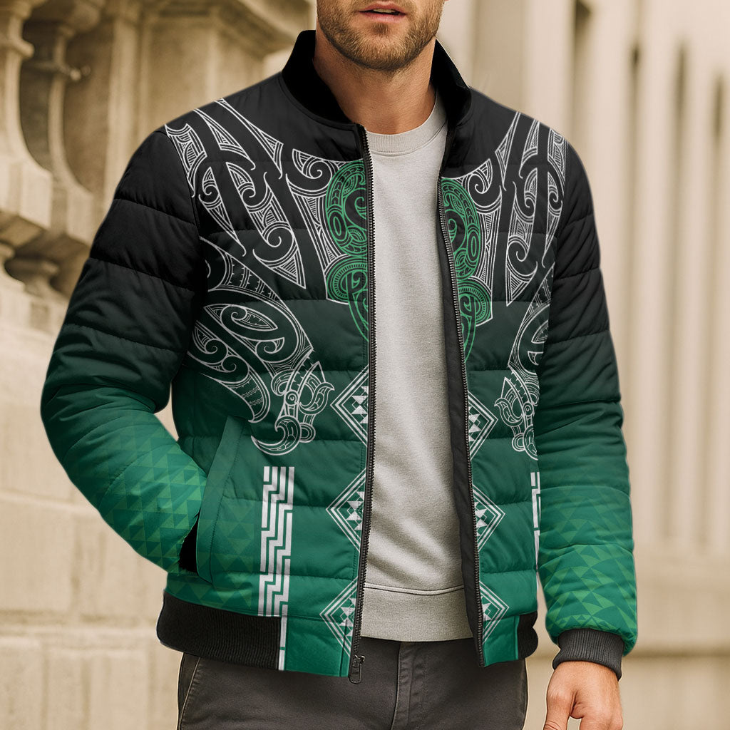 Aotearoa Maori Iwi Heritage Bomber Puffer Jacket Ngai Tahu Pounamu Green