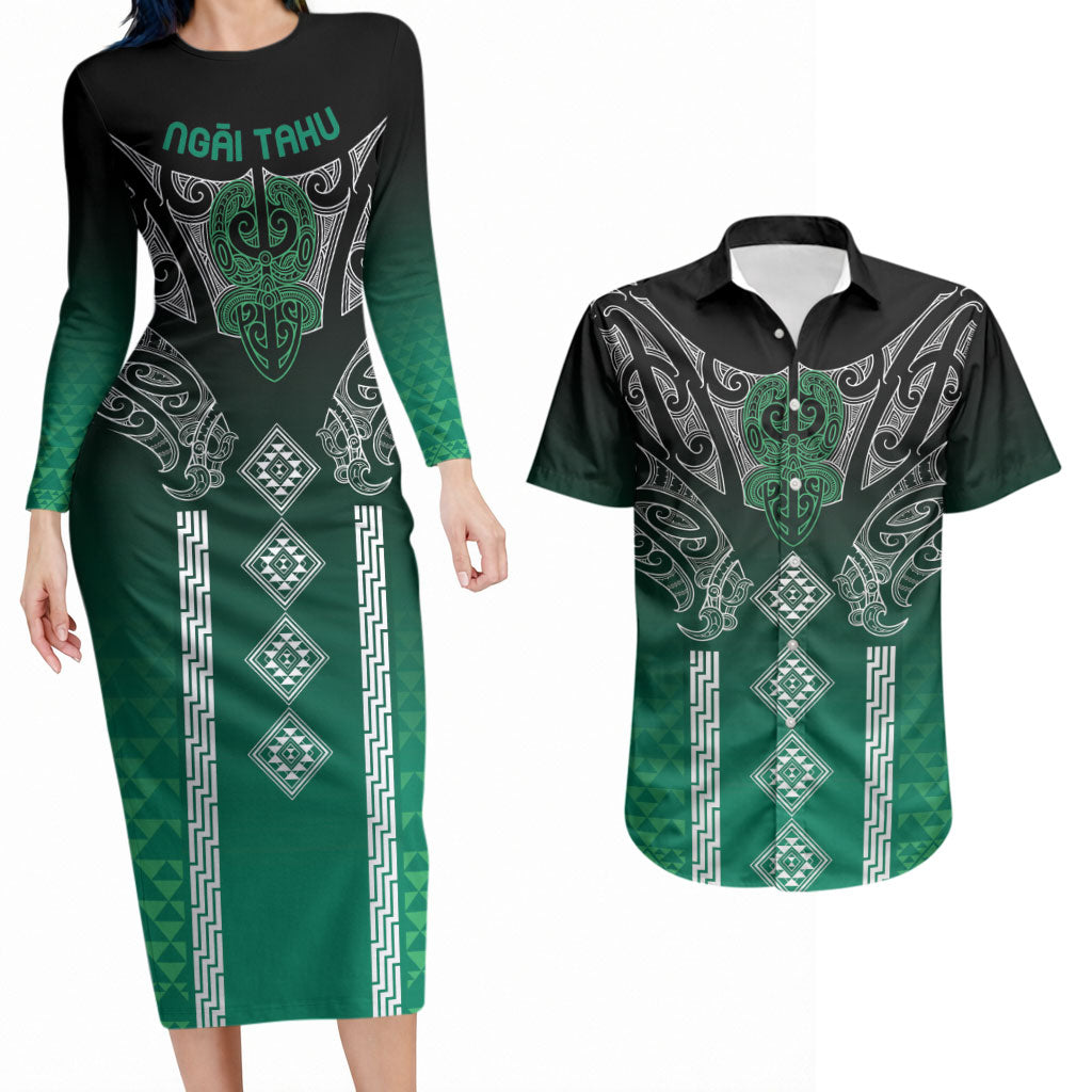 Aotearoa Maori Iwi Heritage Couples Matching Long Sleeve Bodycon Dress and Hawaiian Shirt Ngai Tahu Pounamu Green LT7 Jade Green - Polynesian Pride