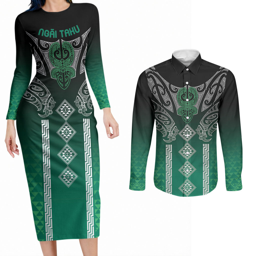 Aotearoa Maori Iwi Heritage Couples Matching Long Sleeve Bodycon Dress and Long Sleeve Button Shirt Ngai Tahu Pounamu Green
