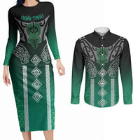 Aotearoa Maori Iwi Heritage Couples Matching Long Sleeve Bodycon Dress and Long Sleeve Button Shirt Ngai Tahu Pounamu Green