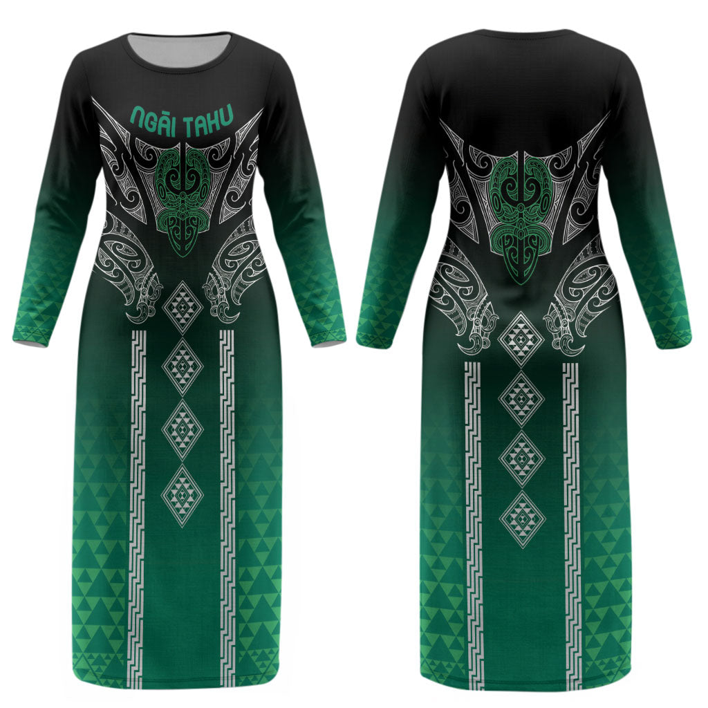 Aotearoa Maori Iwi Heritage Couples Matching Long Sleeve Bodycon Dress and Long Sleeve Button Shirt Ngai Tahu Pounamu Green