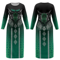 Aotearoa Maori Iwi Heritage Couples Matching Long Sleeve Bodycon Dress and Long Sleeve Button Shirt Ngai Tahu Pounamu Green