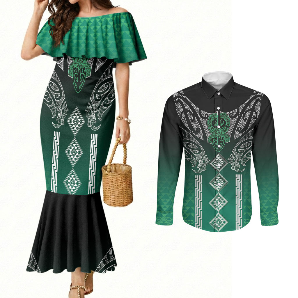Aotearoa Maori Iwi Heritage Couples Matching Mermaid Dress and Long Sleeve Button Shirt Ngai Tahu Pounamu Green