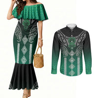 Aotearoa Maori Iwi Heritage Couples Matching Mermaid Dress and Long Sleeve Button Shirt Ngai Tahu Pounamu Green